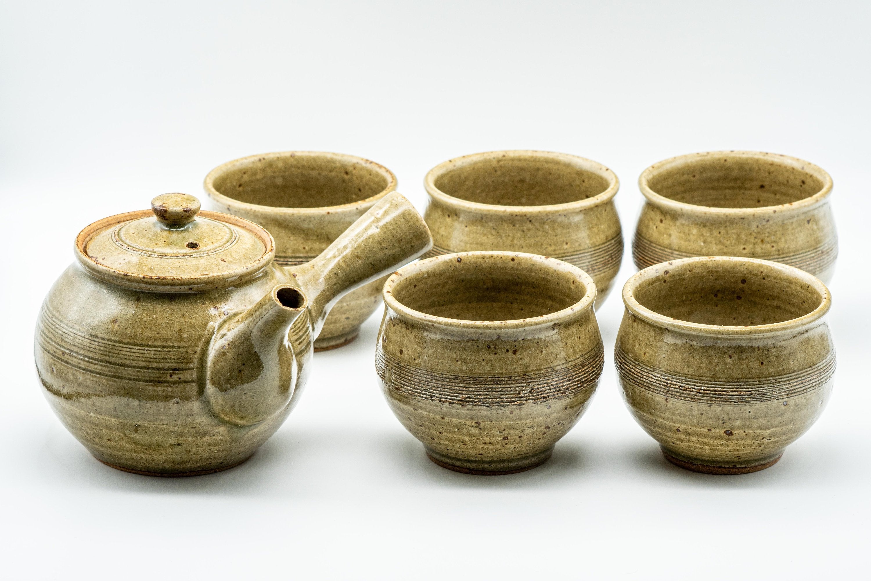 Japanese Tea Set - Speckled Olive Green Kyusu with 5 Yunomi - 350ml - Tezumi