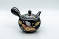 Japanese Kyusu - 盛山窯 Year of the Rat, Black Kurodei Tokoname-yaki Teapot - 370ml - side view with the handle to the right and the decorated floral panel facing front