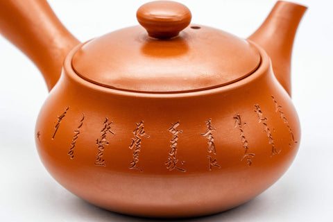 Tezumi — Japanese Kyusu - Calligraphy Nasu-gata Tokoname-yaki Debeso Teapot - 220ml — closeup of the decoration