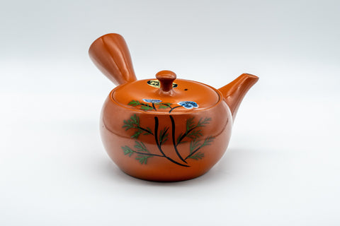 Japanese Kyusu - 伊勢窯 Floral Tokoname-yaki Teapot - 350ml - side view of the side-handle teapot with the spout to the left