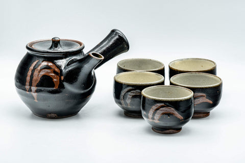 Tezumi — Japanese Tea Set - 陶幸 Do-ake Kyusu with 5 Yunomi - 350ml — the full set arranged together