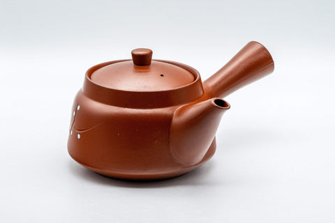 Tezumi — Japanese Tea Set - Plum Blossoms Tokoname-yaki Debeso Kyusu, Kashiki, and 5 Yunomi — the teapot, side view with the handle