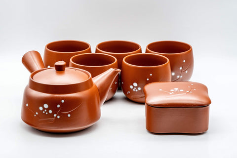 Tezumi — Japanese Tea Set - Plum Blossoms Tokoname-yaki Debeso Kyusu, Kashiki, and 5 Yunomi — the full set arranged together