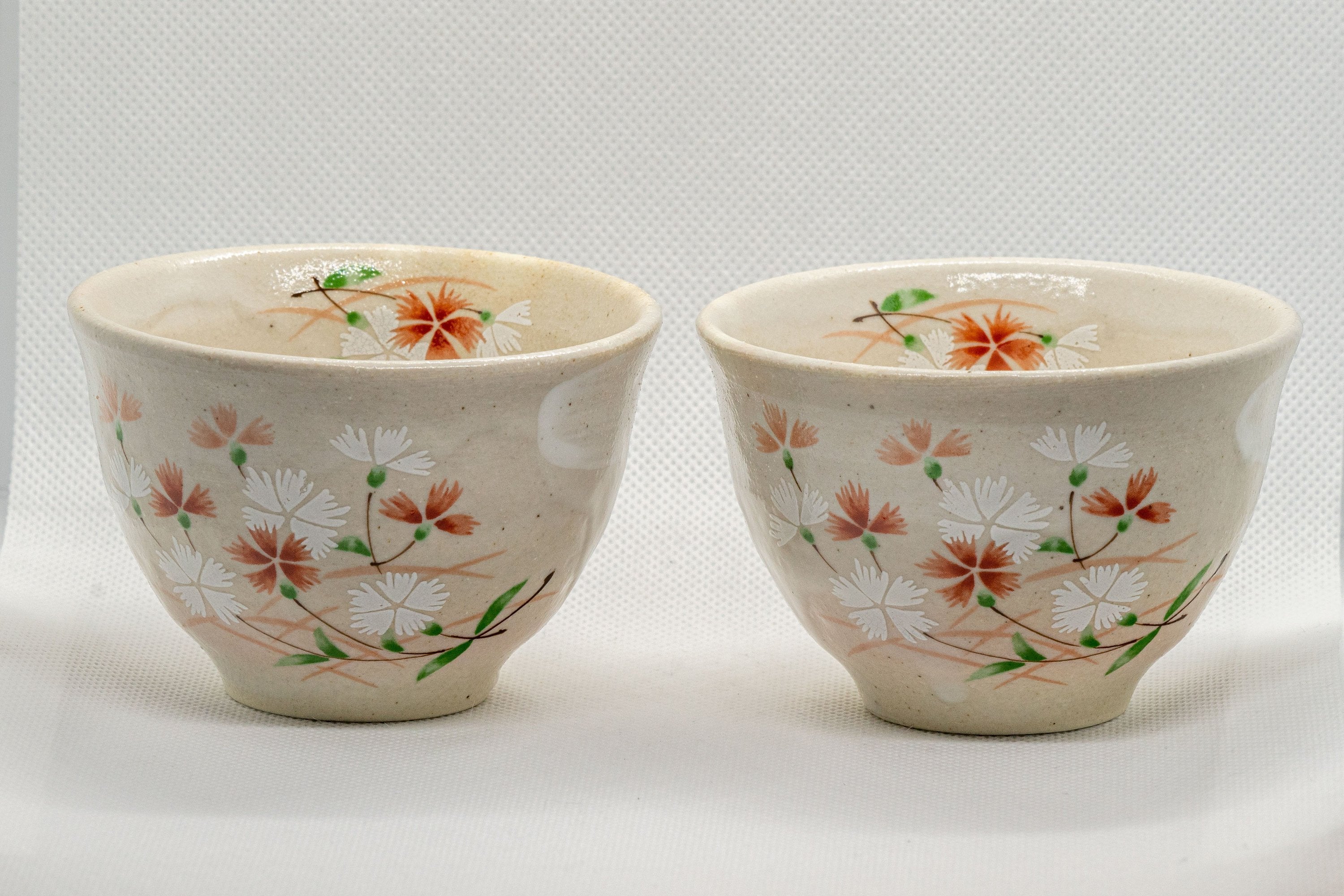 Japanese Teacups - Pair of Beige Floral Yunomi with Saucers - 150ml