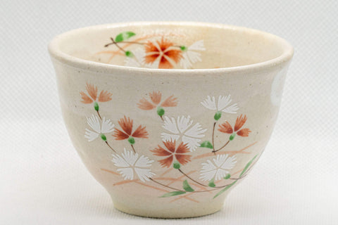 Japanese Teacups - Pair of Beige Floral Yunomi with Saucers - 150ml - single cup, front view showing the floral decoration
