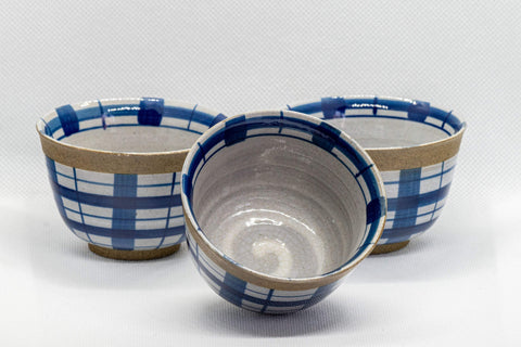 Japanese Teacups - Set of 3 Stoneware Senchawan - 100ml - the set with one cup tipped to show the interior