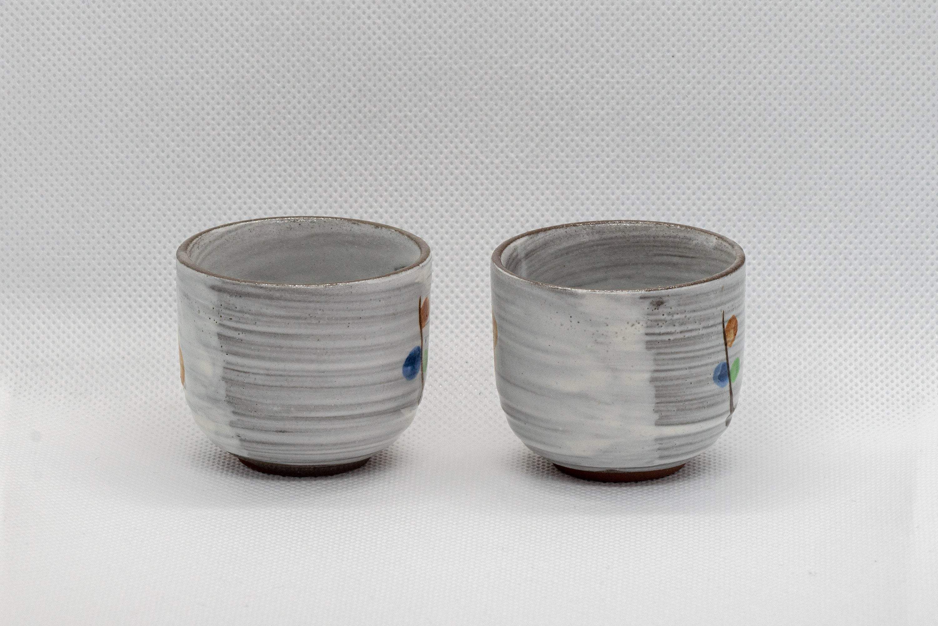 Japanese Teacups - Pair of White Glazed Floral Guinomi - 40ml