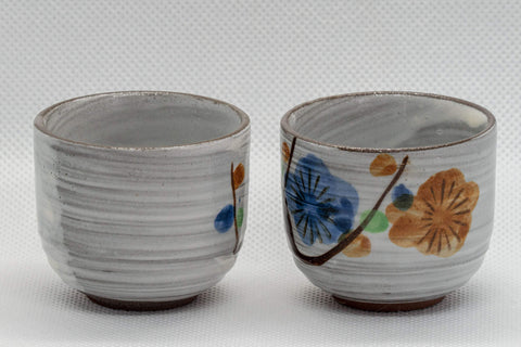 Japanese Teacups - Pair of White Glazed Floral Guinomi - 40ml