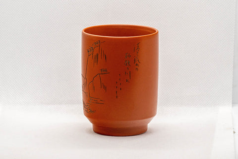 Japanese Teacup - Mountainous Tsutsu-gata Tokoname-yaki Yunomi - 150ml - side view of the unglazed red clay cup