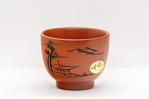 Japanese Teacups - Pair of Tokoname-yaki Senchawan - 60ml - angled view showing the engraved landscape decoration