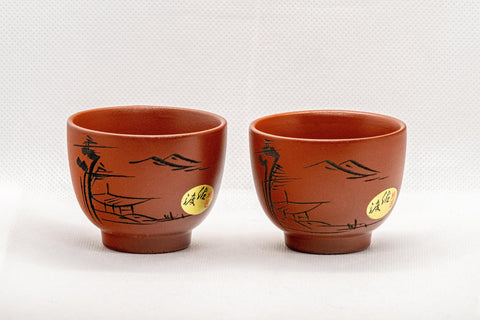 Japanese Teacups - Pair of Tokoname-yaki Senchawan - 60ml - front view of the pair of red Tokoname clay cups