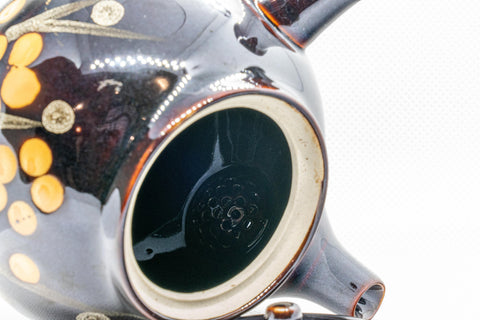 Japanese Kyusu - Tenmoku Maru-gata Arita-yaki Teapot - 400ml - overhead view with the lid removed showing the debeso ceramic strainer inside