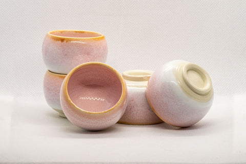 Japanese Teacups - Set of 5 Sakura Nagashi Wa-nari Guinomi - the cups grouped with one inverted to show the base
