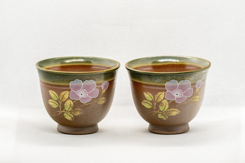 Japanese Teacups - Pair of Brown Floral Senchawan - 80ml - front view of the pair of brown floral teacups