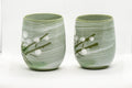 Japanese Teacups - Meoto Pair of Green Floral Yunomi - front view of the pair, alternate angle