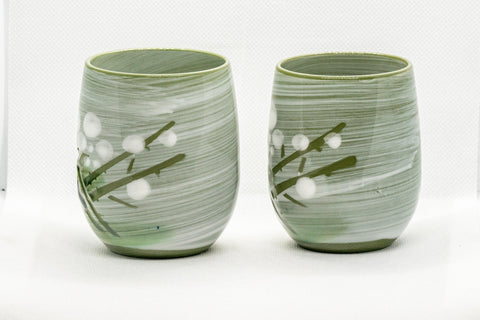 Japanese Teacups - Meoto Pair of Green Floral Yunomi - front view of the pair, alternate angle
