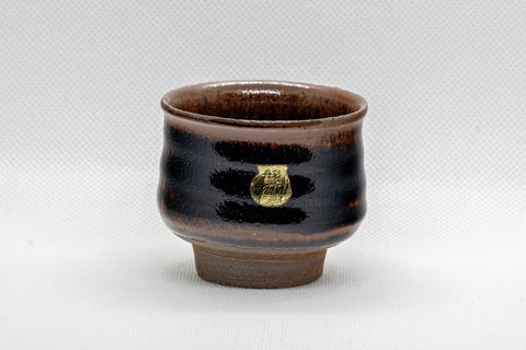 Japanese Teacup - 丹彩 Tenmoku Glazed Guinomi - 65ml - front view showing the red and black tenmoku glaze