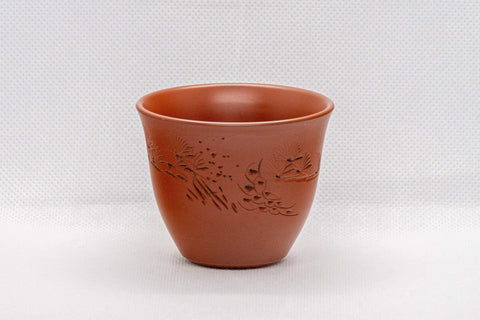 Japanese Teacup - Floral Tokoname-yaki Yunomi - side view of the unglazed red teacup