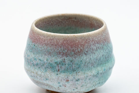 Japanese Teacup - Turquoise Obori Soma-yaki Guinomi - front view showing the pink lip flowing into turquoise