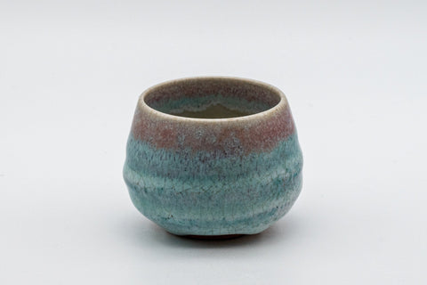 Japanese Teacup - Turquoise Obori Soma-yaki Guinomi - front view of the small turquoise crazed-glaze cup