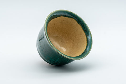 Japanese Teacup - Green Yuteki Glazed Koishiwara-yaki Yunomi - 90ml - teacup resting on its side showing the interior and footring