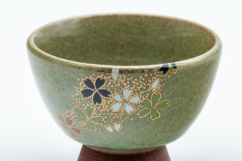 Japanese Teacup - Floral Celadon Sugi-nari Senchawan - front view showing the moss green celadon glaze