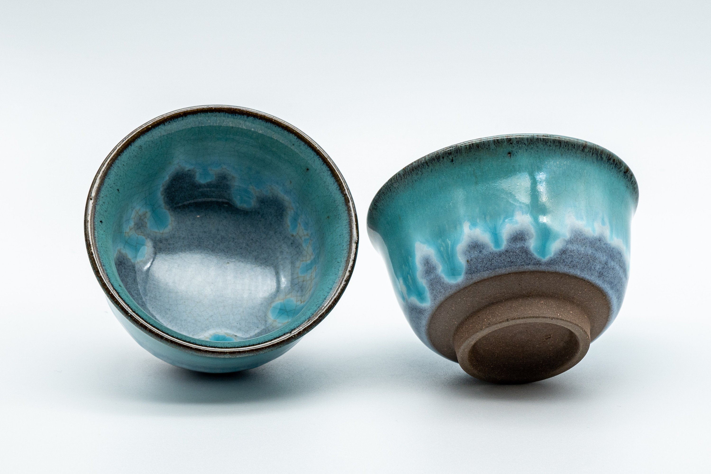 Japanese Teacups - Pair of Turquoise Drip-Glazed Agano-yaki Senchawan - 125ml