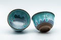 Japanese Teacups - Pair of Turquoise Drip-Glazed Agano-yaki Senchawan - 125ml - the pair of turquoise drip-glazed Agano-yaki cups, one upright and one tipped to show the interior and base