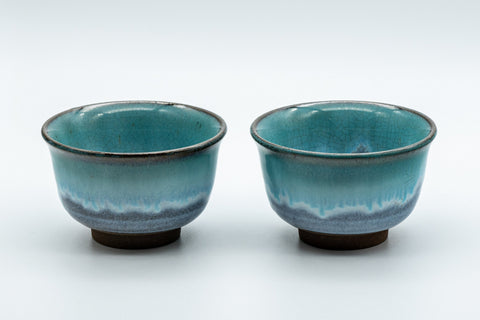 Japanese Teacups - Pair of Turquoise Drip-Glazed Agano-yaki Senchawan - 125ml - the pair of cups from a slightly angled front view