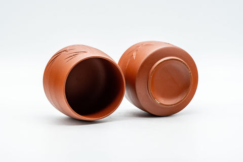 Japanese Teacups - Pair of Bamboo Hantsutsu-gata Tokoname-yaki Yunomi - 130ml - one cup tipped on its side showing the interior and the other resting to show the base