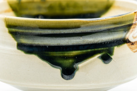 Japanese Matcha Bowl Set - Drip Glazed Dojimari-gata Oribe-yaki Chawan with Bamboo Chasen Whisk and Chashaku Scoop - 400ml