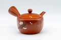 Japanese Kyusu - 福仙窯 Floral Kanji Tokoname-yaki Teapot - 230ml - three-quarter view of the red Tokoname-yaki side-handle teapot