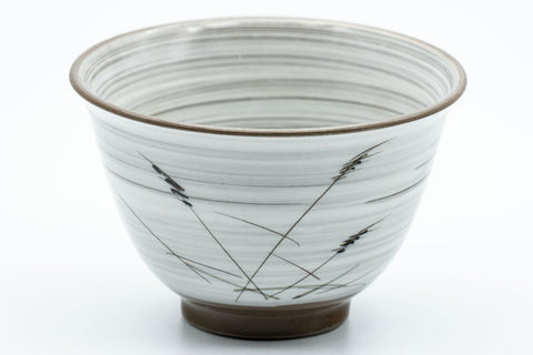 Japanese Teacups - Pair of White Glazed Yunomi with Long Grass Motifs - 100ml - closeup of a single cup showing the long grass motif