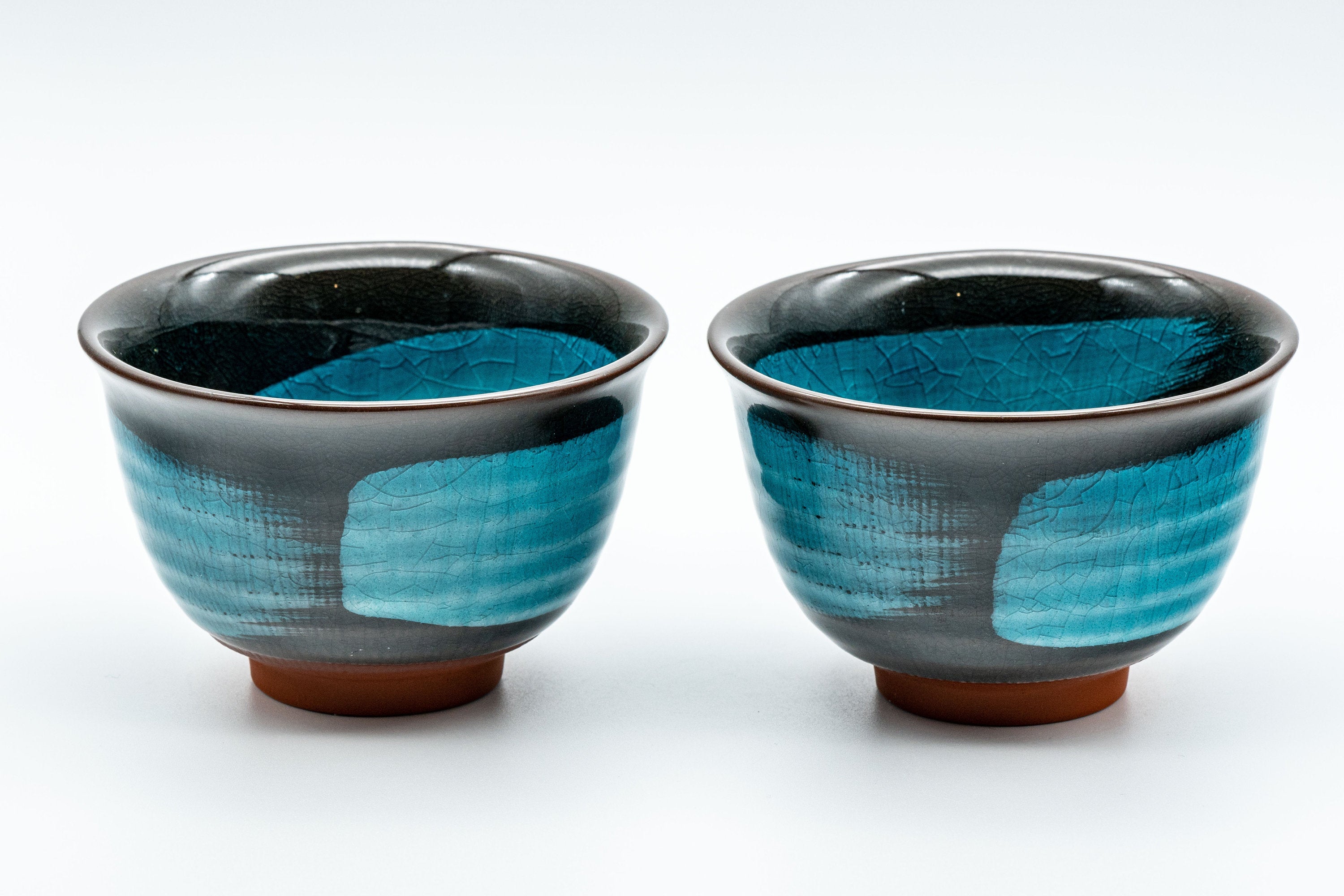 Japanese Teacups - Pair of Cyan Hakeme Yunomi with Coasters - 155ml