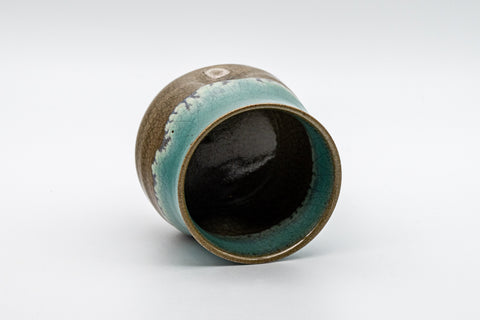 Japanese Teacup - Turquoise Glazed Agano-yaki Dojimari-gata Yunomi - 150ml - tilted view showing the interior and foot