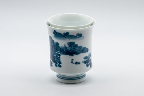 Japanese Teacups - Pair of 畑萬陶苑 Meoto Arita-gata Yunomi - front view of the pair showing the painted landscape