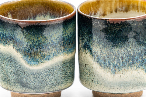Japanese Teacups - Pair of Blue-Green Hare's Fur Glaze Tsutsu-gata Yunomi - 150ml - closeup of the blue-green hare's fur glaze