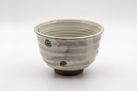 Japanese Matcha Bowl - White Red Brush Glazed Ido-gata Chawan - 400ml - front view showing the red geometric design