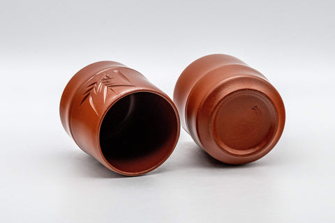 Japanese Teacups - Pair of 亮泉 朱泥 Tsutsu-gata Tokoname-yaki Yunomi - 140ml - the pair tilted to show the interiors from above