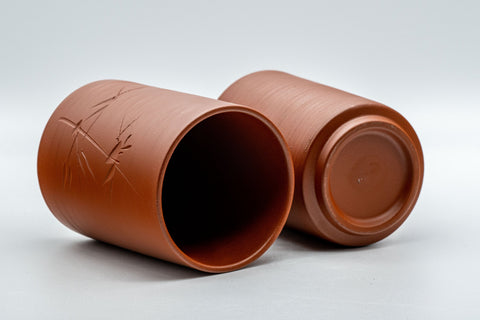 Japanese Teacups - Pair of Bamboo Tokoname-yaki Meoto Yunomi - one cup resting on its side showing the interior