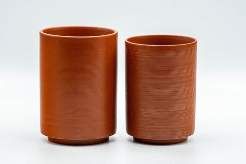 Japanese Teacups - Pair of Bamboo Tokoname-yaki Meoto Yunomi - front view of the two cylindrical yunomi