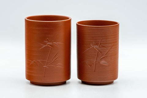 Japanese Teacups - Pair of Bamboo Tokoname-yaki Meoto Yunomi - front view of the pair of brick-red Tokoname-yaki cups