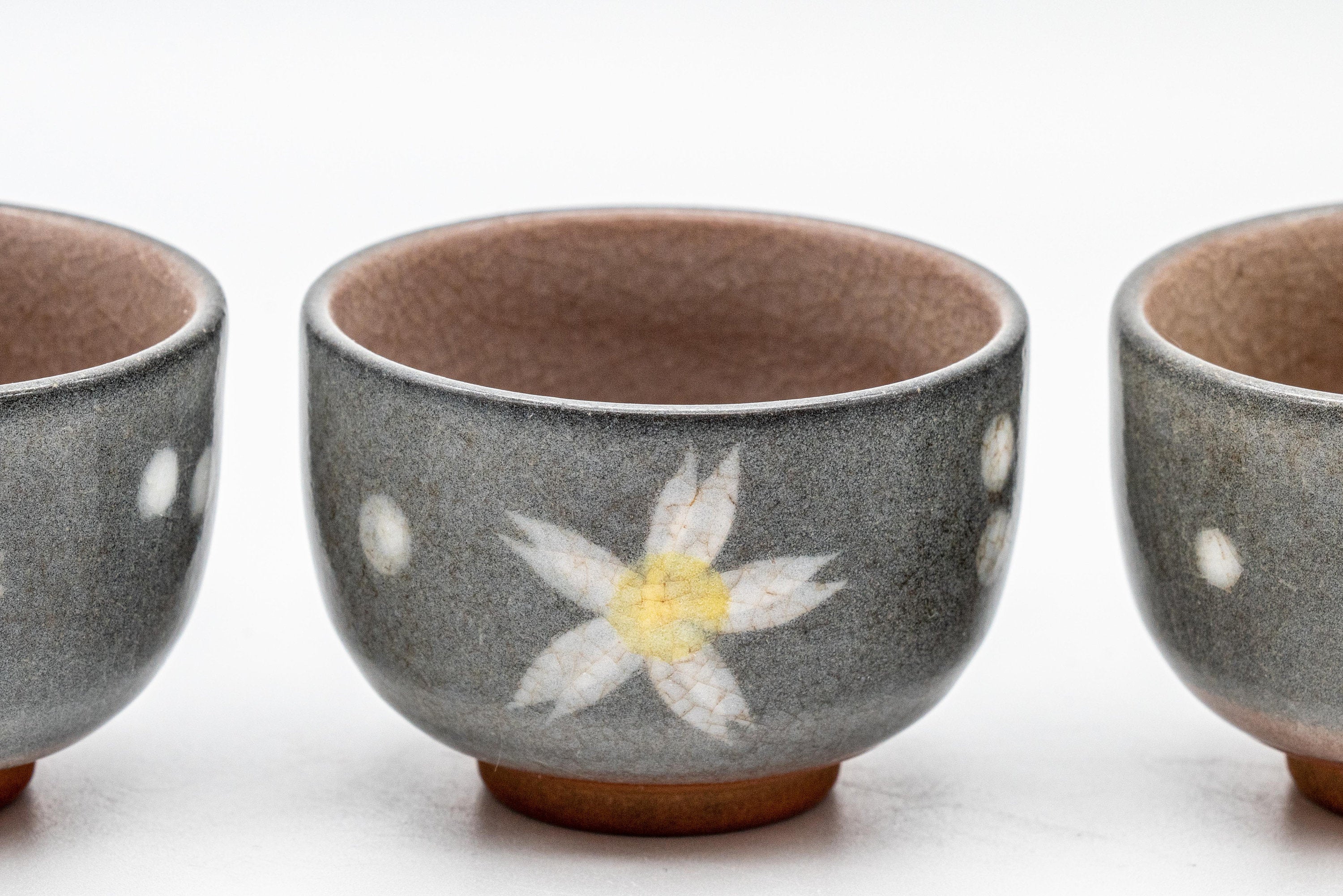 Japanese Teacups - Set of 3 Floral Snowflake Glazed Guinomi - 45ml