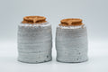 Japanese Teacups - Pair of Shino Glazed Stoneware Tsutsu-gata Meoto Yunomi - the pair inverted showing the orange stoneware bases
