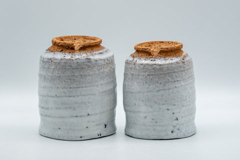 Japanese Teacups - Pair of Shino Glazed Stoneware Tsutsu-gata Meoto Yunomi - the pair inverted showing the orange stoneware bases