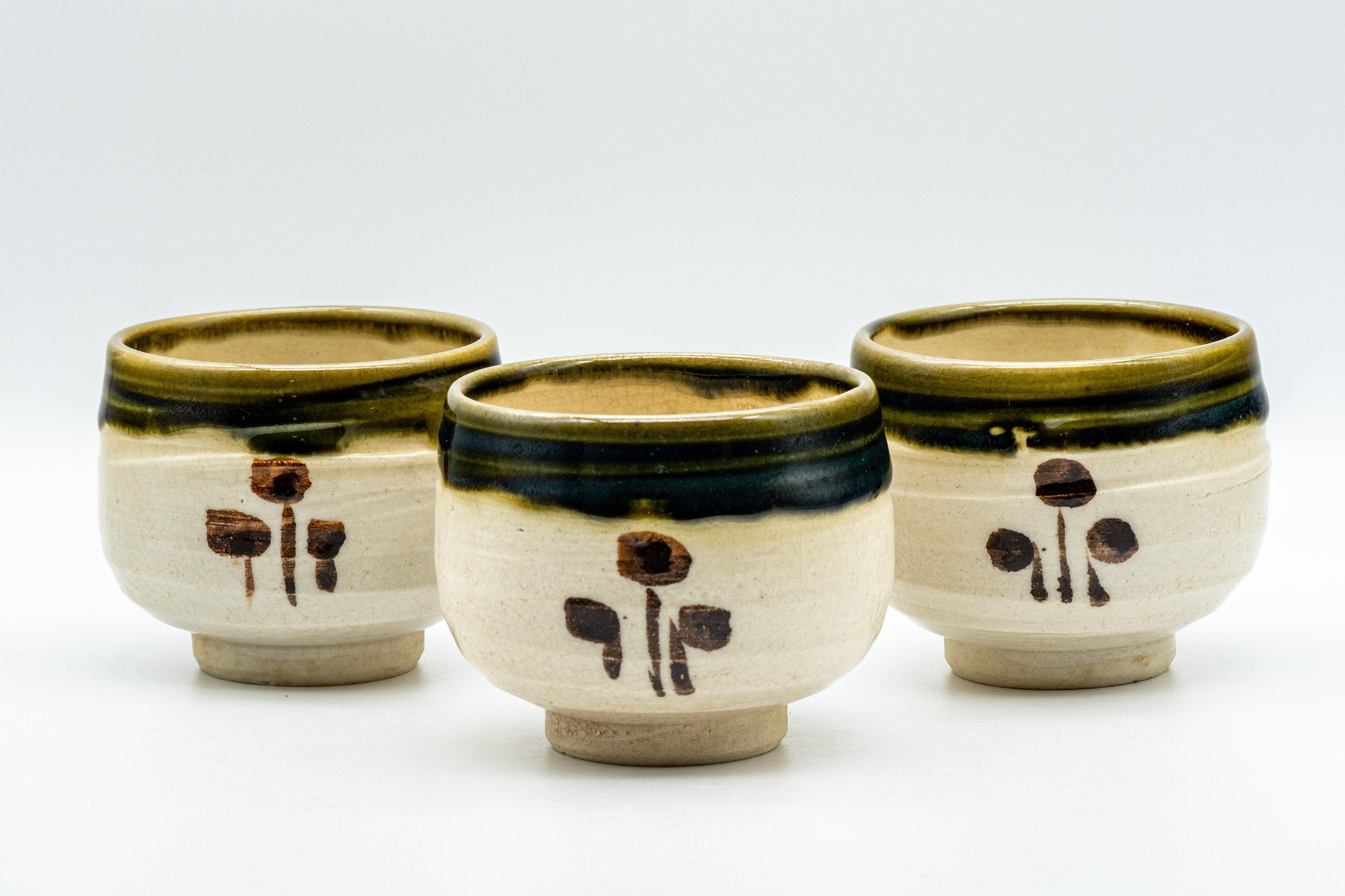 Japanese Teacups - Set of 3 加藤伸明 Wan-nari Oribe-yaki Yunomi - 120ml