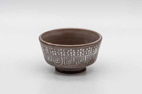 Japanese Teacup - Patterned Shallow Guinomi - 55ml - front view showing the mishima white-slip inlaid pattern