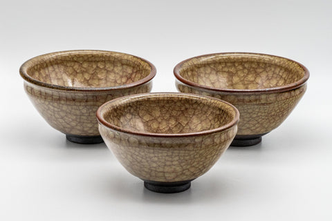 Japanese Teacups - Set of 3 古川利男 Tenmoku-gata Kiyomizu-yaki Senchawan - 140ml - the three teacups grouped together, front view