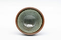 Japanese Teacups - Pair of Tenmoku Glazed Sugi-nari Guinomi - 55ml - top view of a single cup showing the speckled green interior