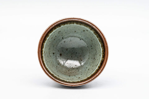 Japanese Teacups - Pair of Tenmoku Glazed Sugi-nari Guinomi - 55ml - top view of a single cup showing the speckled green interior